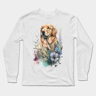 Pet Dog Portrait, Dog Owner Gift Idea, Cute Golden Retriever Watercolor Dog Portrait Long Sleeve T-Shirt